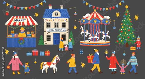 Festive Holiday Market Scene with Carousel and Cheerful People Gathering for Christmas
