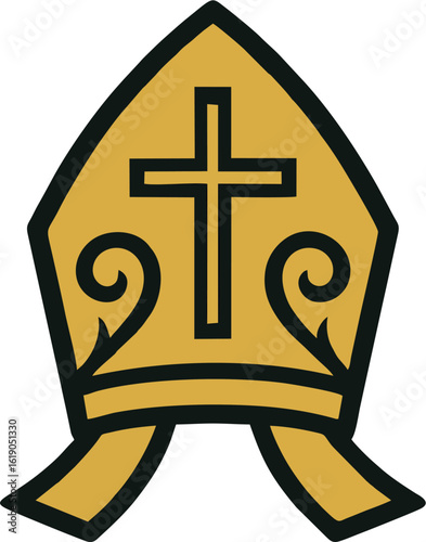 Flat Gold Bishop Mitre Vector Icon with Cross and Ornamental Swirls