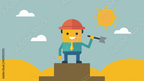 Character with Tools A whimsical character wearing a hard hat and holding a hammer stands on top of an open box. They are looking outwards with a confident smile as if they are