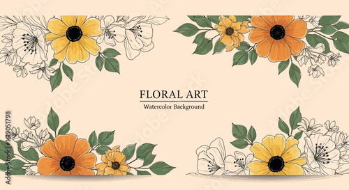 A beautiful set of floral corner borders with yellow watercolor flowers and elegant line art. Botanical vector background.