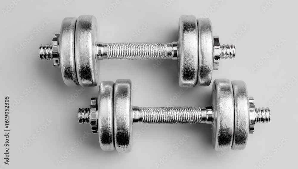Fototapeta premium Silver dumbbells, gym floor, fitness, workout, overhead shot, healthy lifestyle