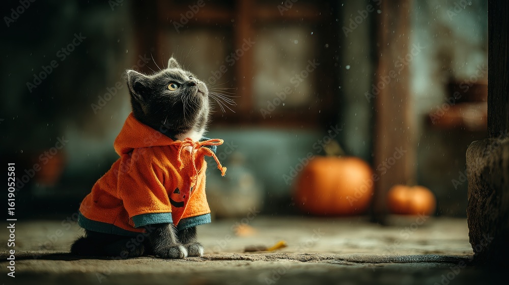 Obraz premium Adorable gray kitten in pumpkin-themed hoodie during autumn season