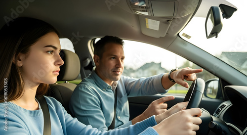 A father patiently teaches his teenage daughter to drive, a heartwarming and authentic moment of bonding, learning, and a key life milestone.