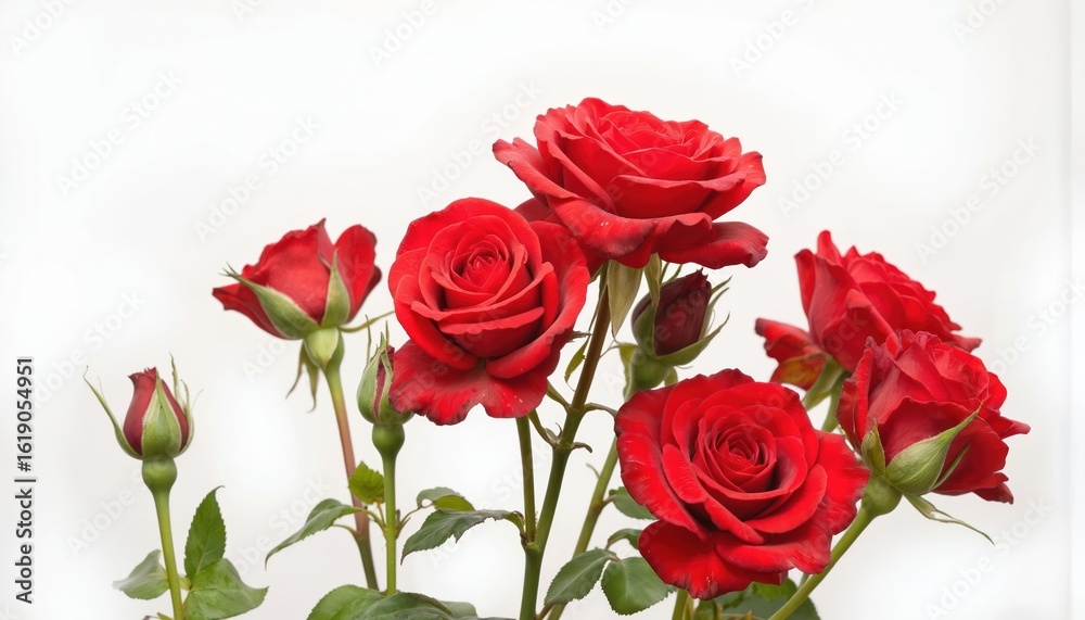 Fototapeta premium Red rose bouquet with buds on green stems against clean white background. Deep red petals show delicate texture, subtle natural imperfections. Ideal for expressing love, celebrating special occasions