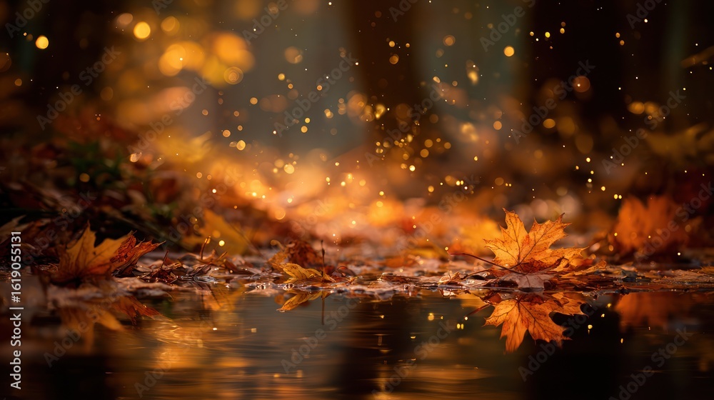 Naklejka premium Fallen golden leaves reflect in water on a forest floor, bokeh lights shimmer