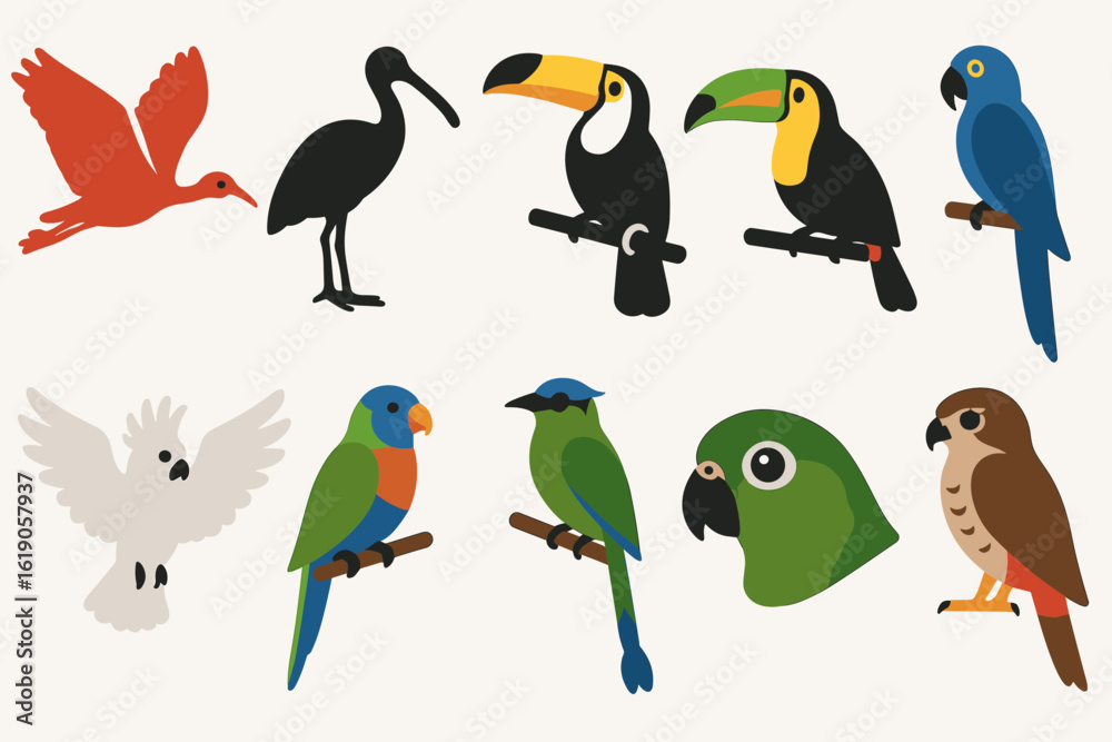 Naklejka premium Birds, wildlife flat icon set. parrot, toucan, hawk, and more