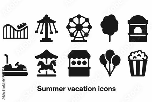 Amusement park solid icon set: rides, games, snacks, fun, entertainment icons