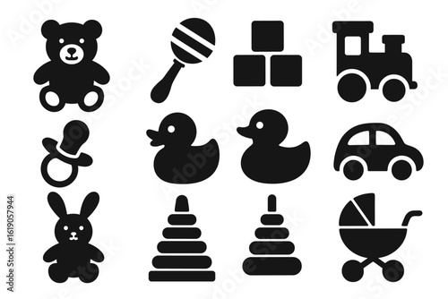 Baby toys solid icon set. adorable, childhood, playtime, toy graphics collection
