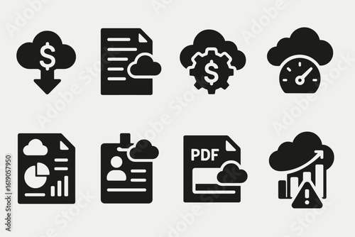 Finance, business silhouette icon set. download, report, cloud graphics collection
