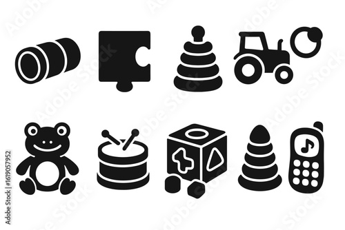 Baby toys solid icon set. fun, playtime, building block, learning, toy icons collection