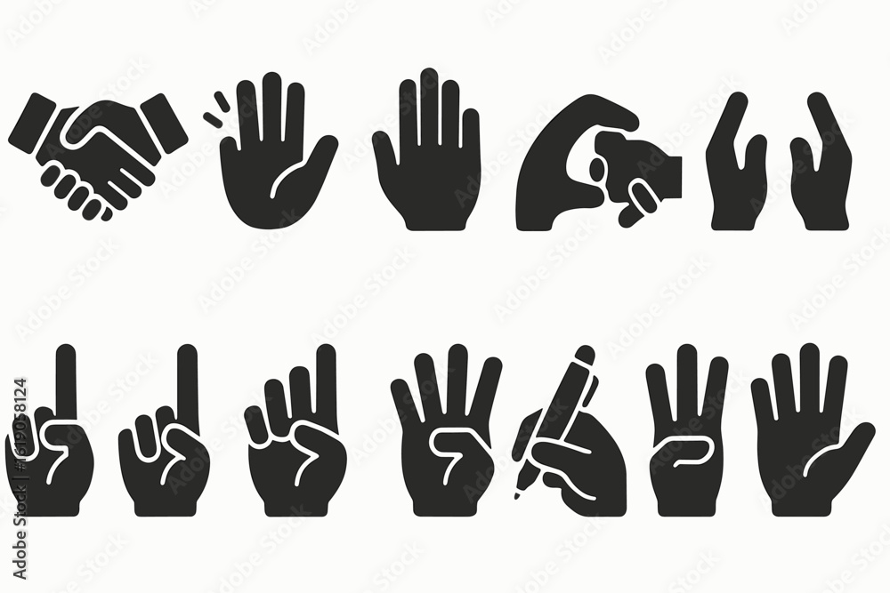 Fototapeta premium Gesture, hand silhouette icon set. communication, interaction symbols in silhouette style