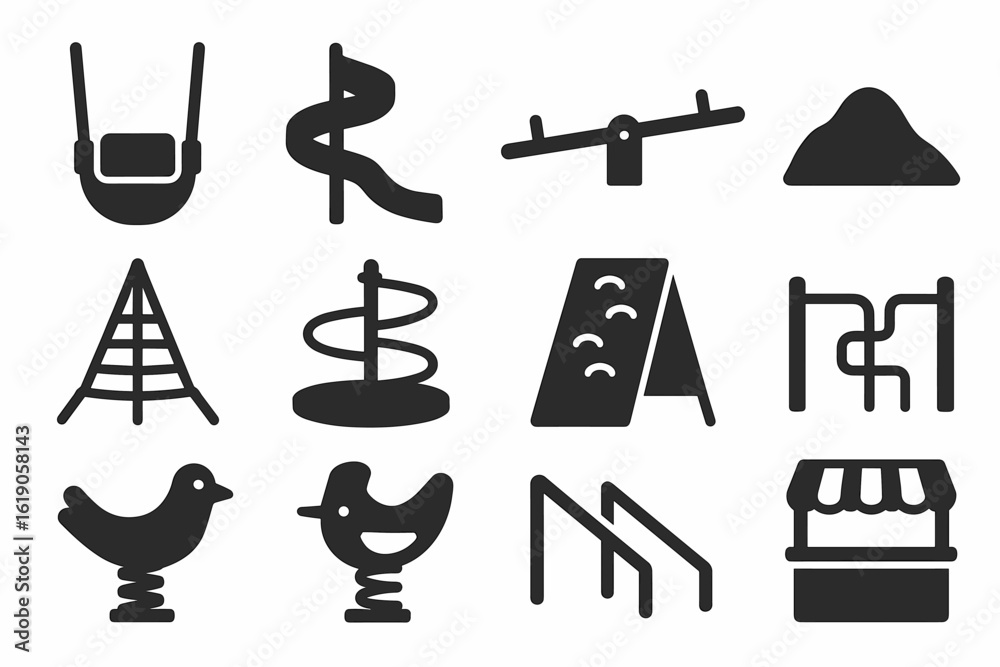 Fototapeta premium Playground activities solid icon set. swings, slide, seesaw, sandbox solid collection