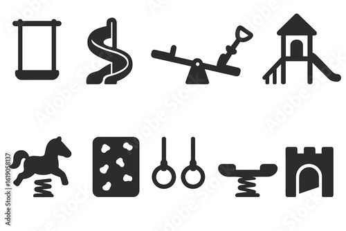Playground equipment silhouette icon set. swings, slides, and more