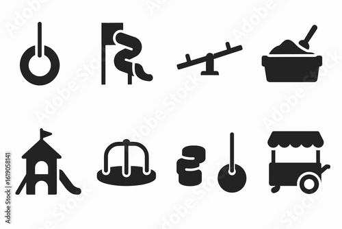 Playground fun solid icon set. slides, swings, sandbox and carousel icons collection