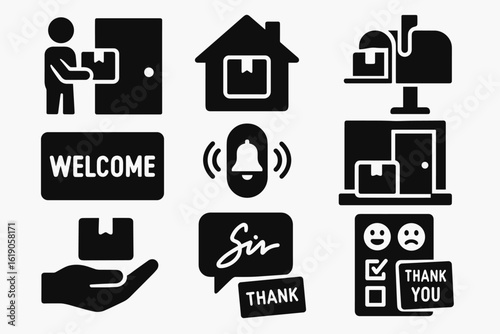 Delivery and package solid icon set. essential shipping and logistics symbols