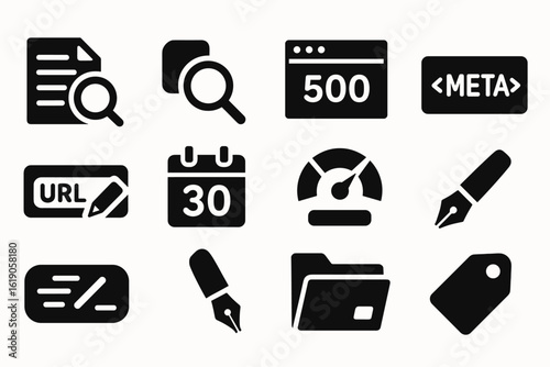 Web development solid icon set. coding, seo, internet tools in a filled collection