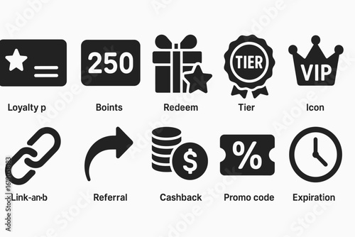 Loyalty program solid icon set: points, rewards, and membership icons collection