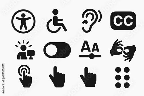 Accessibility essential solid icon set. ada compliance, disability support icons collection