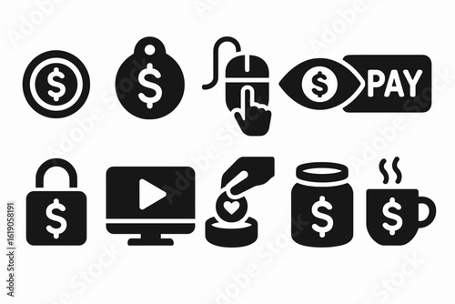 Finance and payment solid icon set. banking, currency, and ecommerce icons collection