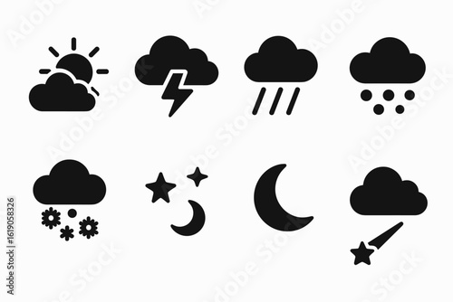 Weather silhouette icon set. forecast, climate symbols in silhouette style