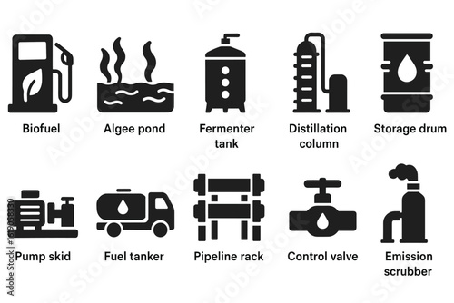 Energy and industry solid icon set. biofuel, algae, control valve, distillation icons