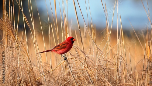 crimson finch or neochmia phaeton in dry reeds