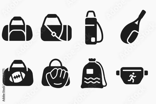 Sports equipment icon set. gym, fitness gear silhouette icon collection