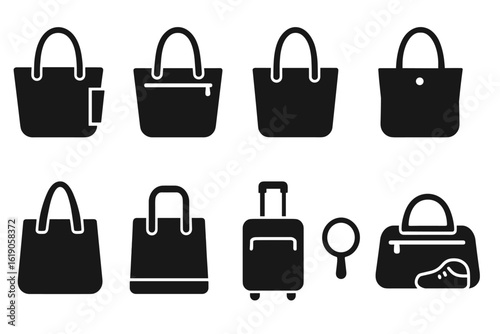 Shopping bags and travel silhouette icon set. purses, luggage, and accessories