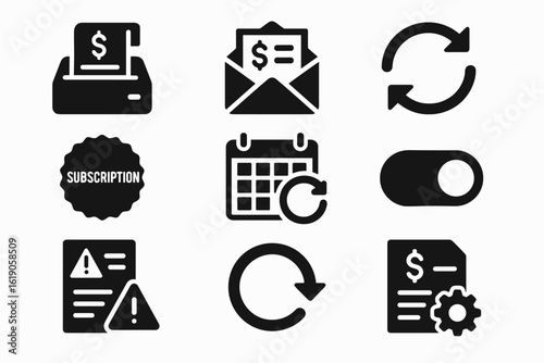 Finance, subscription solid icon set. billing, payment, management icons solid collection