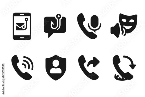 Communication, security solid icon set. calls, messages, privacy solid collection