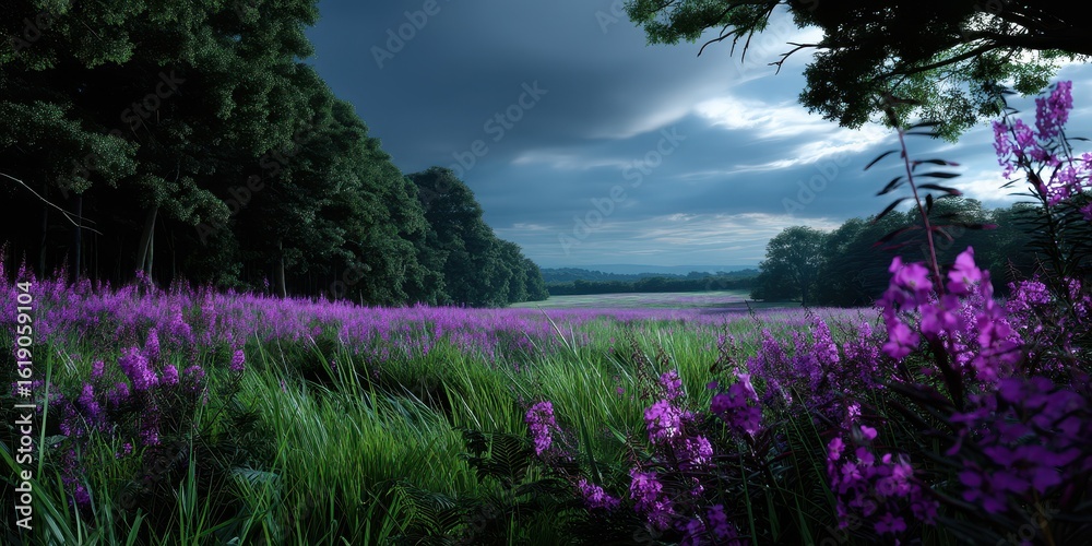 Naklejka premium Vibrant purple wildflowers bloom in a lush green meadow under an overcast sky at dusk