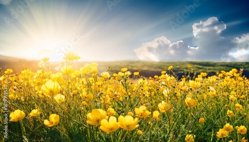 bright field yellow flowers buttercups in the meadow
