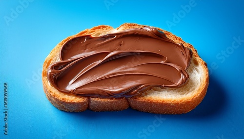 chocolate spread on bread displayed on a blue backdrop