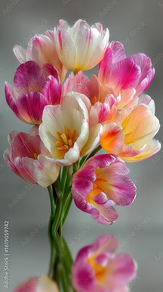 Fototapeta premium Vibrant tulip bouquet displayed on a reflective surface in soft natural light during springtime