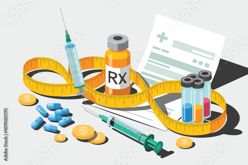 Detailed 3D Render of Medical Expenses Featuring Syringes, Pills, and Measurement Tape