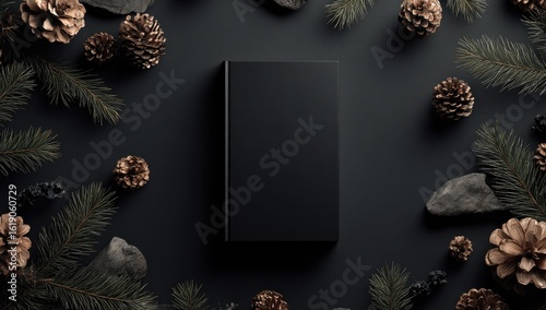 Black book mockup, winter scene, dark background, pine cones, book cover design