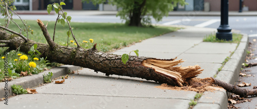 Broken tree branch lying on sidewalk in urban landscape  