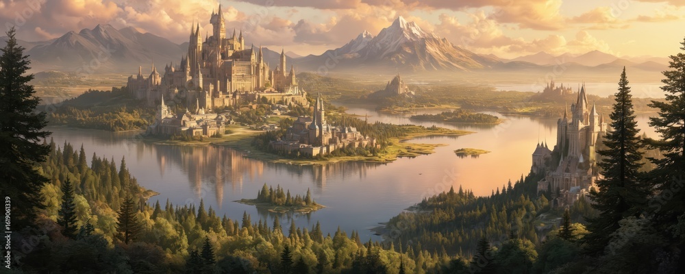 Naklejka premium Majestic fantasy cityscape features sprawling castle complexes on islands in serene lake. Enchanted forests, distant snow-capped mountains, soft, golden sky create mystical, awe-inspiring atmosphere