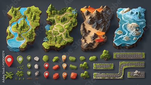 Fantasy world map elements and terrain biomes for game design