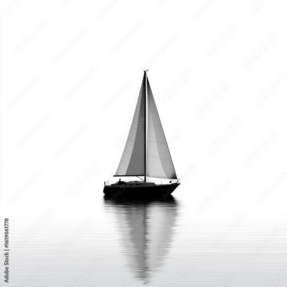 Fototapeta premium Sailboat glides serenely on calm water in minimalist monochrome landscape at dawn