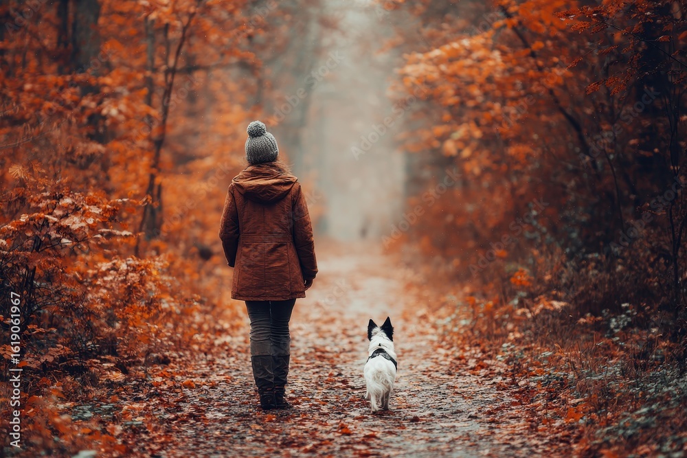 Fototapeta premium Strolling in the autumn woods a woman and her adorable dog