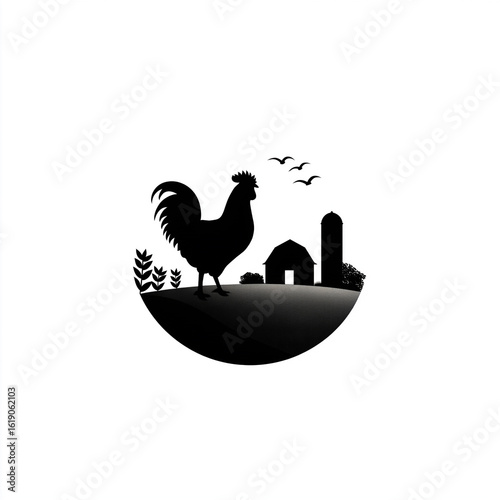 Silhouette of a rooster with a farm landscape during sunset near a rural area