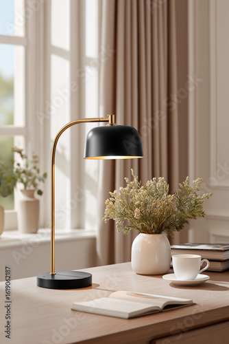 Elegant black lamp illuminates a cozy workspace with floral decor and a warm atmosphere in a sunlit room