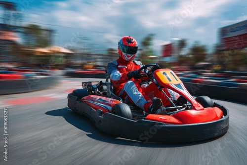 The young man races go karts on the track
