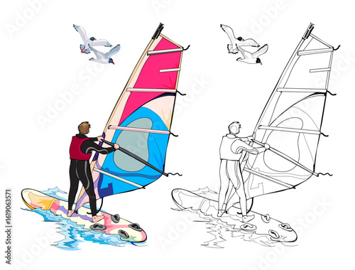 Colorful and black and white page for kids coloring book. Drawing of a boy windsurfing. Worksheet for children and adults. Hand drawn vector illustration. Summer sport at sea.