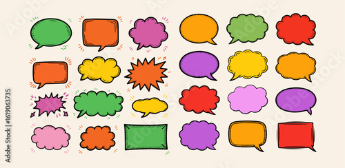 Set of hand-drawn speech bubbles. Speech balloon, frames, stylish, handwritten, doodle Vector illustration Colorful 