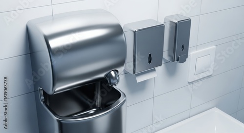 Sleek Metallic Hand Dryer Paper Towel and Soap Dispensers in a Modern Public Restroom Setting