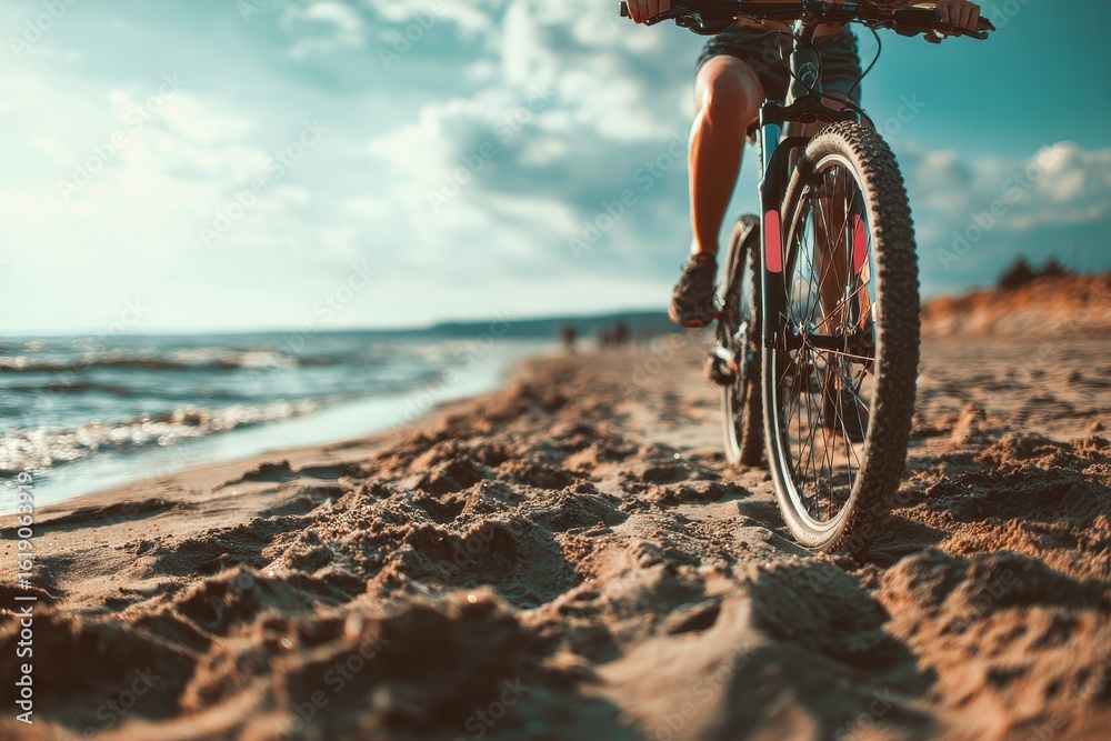 Fototapeta premium Unidentifiable female biking on a sandy shore Summer sports activity idea