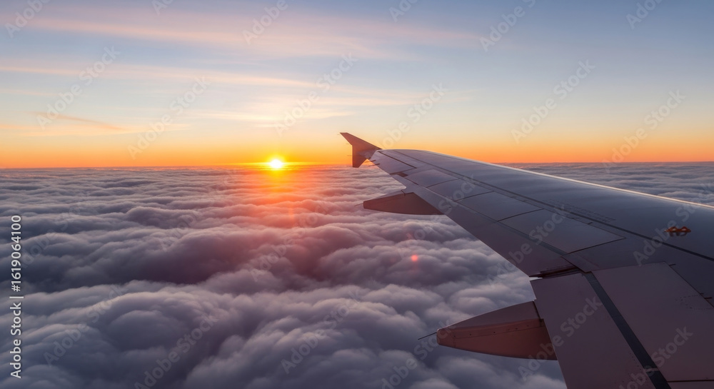 Obraz premium Wide shot from an airplane window of the wing flying over a sea of clouds during a beautiful golden sunset, creating a sense of travel. 