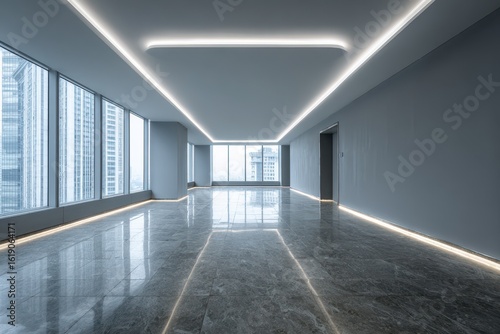 Vast vacant lobby featuring large windows and gray walls in a contemporary penthouse with lit baseboards and ceiling